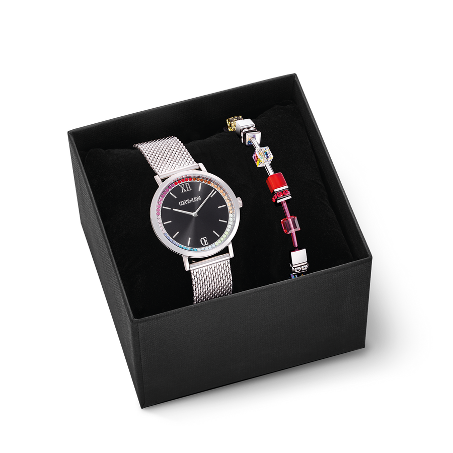 Confezione regalo Orologio rotondo Sparkling Rainbow Sunray Black e bracciale GeoCUBE® Iconic rosso-verde