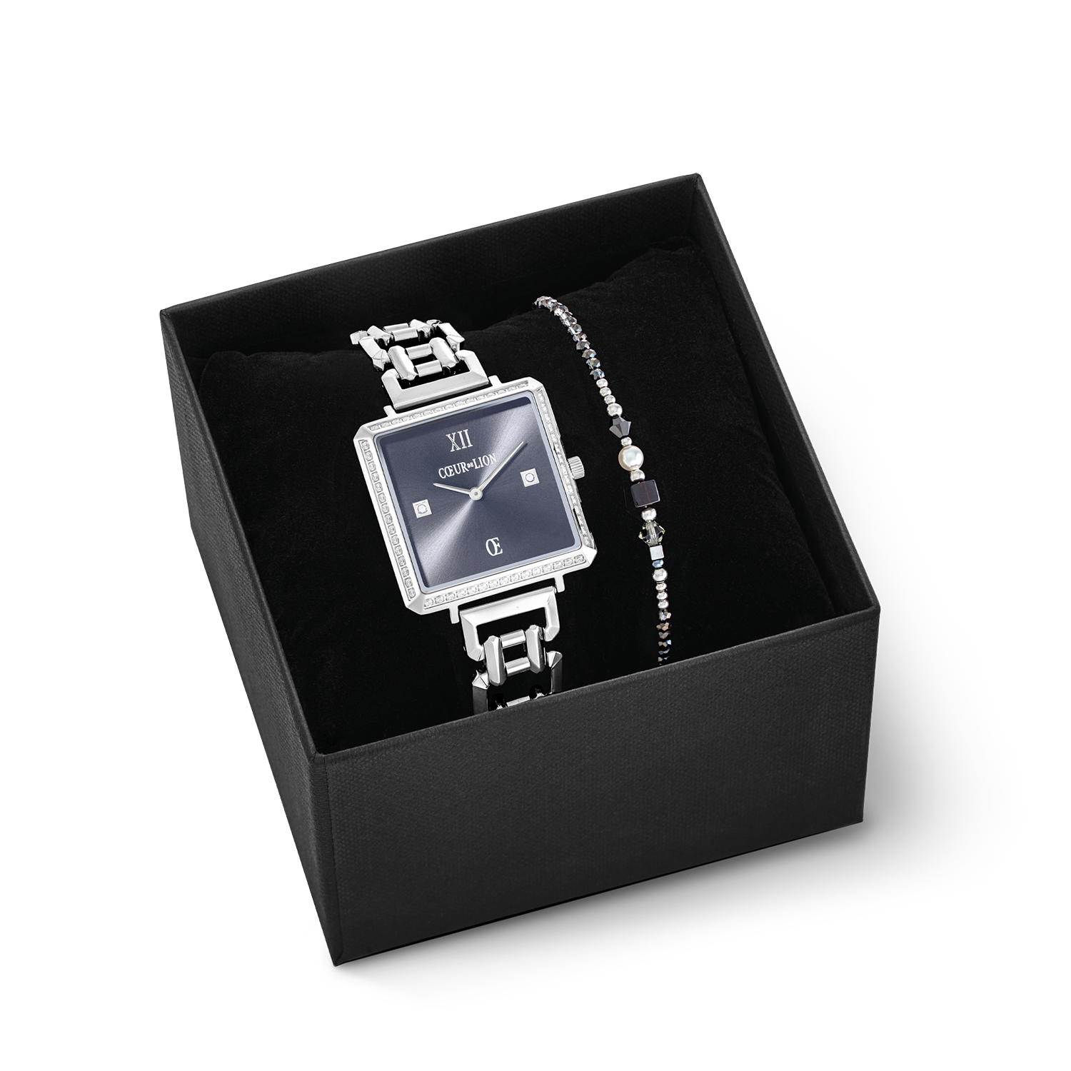 Confezione regalo Orologio Iconic Cube Sparkling Anthracite Attraction e bracciale Square Stripes argento-nero