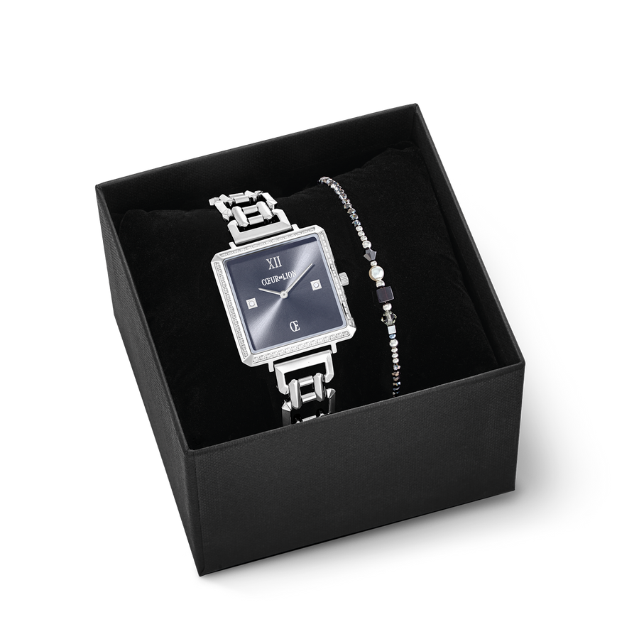 Confezione regalo Orologio Iconic Cube Sparkling Anthracite Attraction e bracciale Square Stripes argento-nero