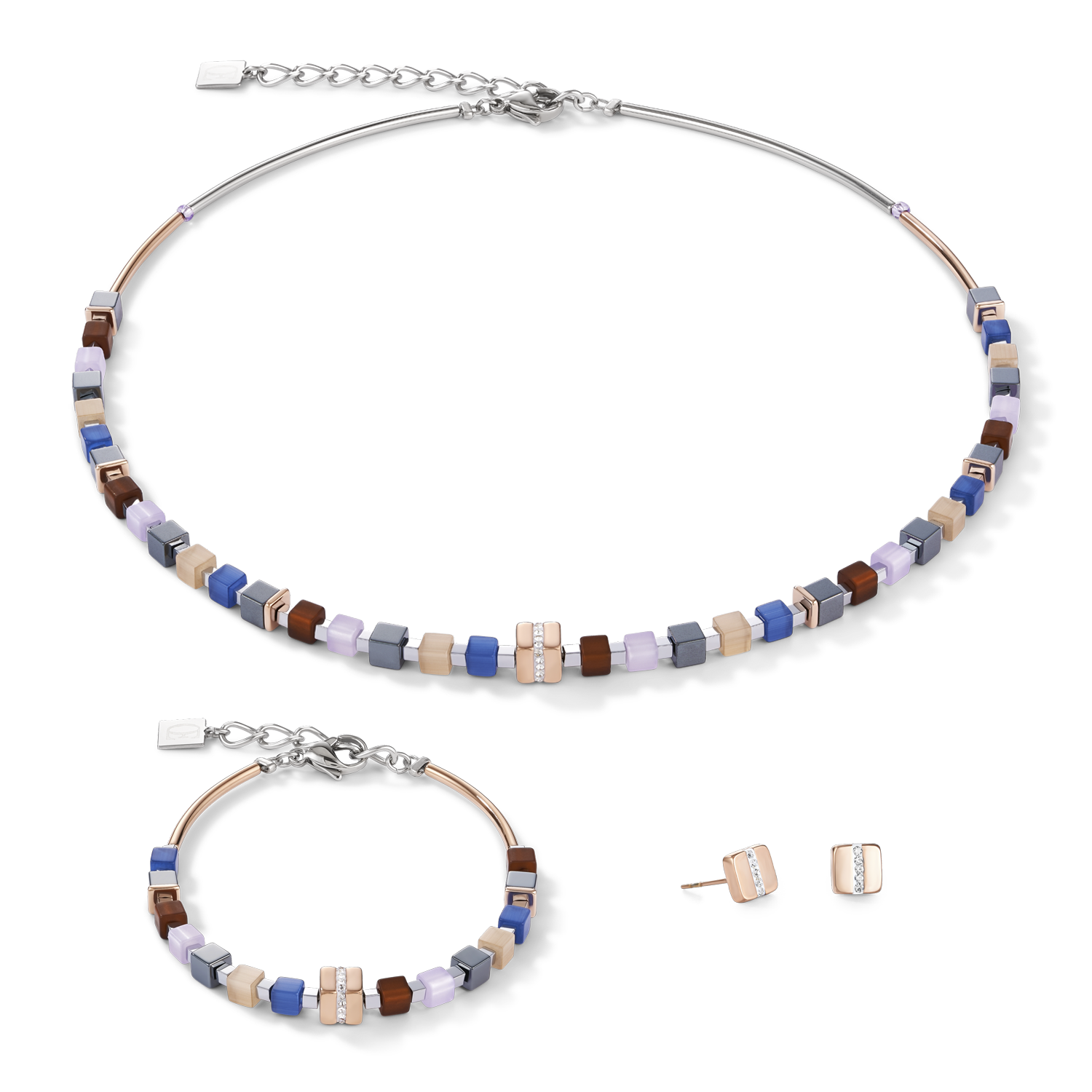 Braccialetto GeoCUBE® acciaio inox oro rosé e cristalli pavé blu-marrone